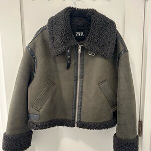 Zara Dark Green Shearling Teddy Jacket with Black Trim